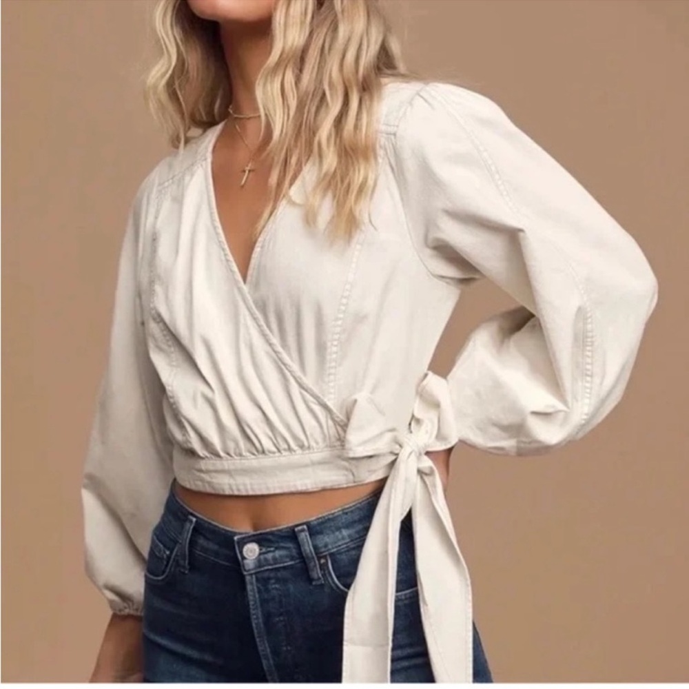 Free People Cream denim Wrap Blouse with Tie